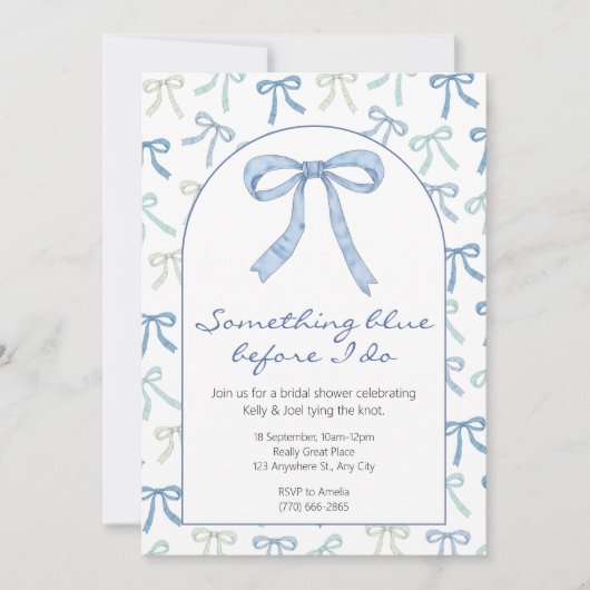 何かブルーリボンボウブライダルシャワー 招待状 (正面)