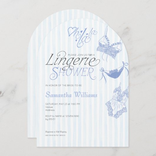 何かブルーレース名門私立校風のランジェリーブライダルシャワー 招待状 (正面/裏面)