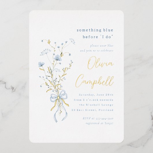 何かブルーワイルドフラワーブライダルシャワー 箔招待状 (正面)