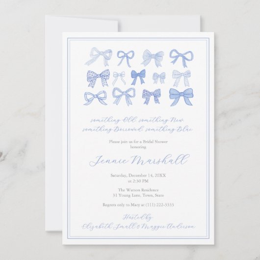 何か古い新しい借りた青い弓ブライダルシャワー 招待状 (正面)