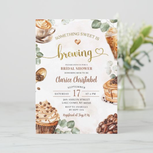 何か甘いものがコーヒーを醸造しているブライダルシャワー 招待状 (スタンド正面)