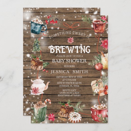 何か甘いものは冬の木の赤ちゃんシャワーを醸造している 招待状 (正面/裏面)