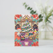 何か赤と白で毛の生えた生き物がいる...(クリスマスイラスト) ポストカード (スタンド正面)