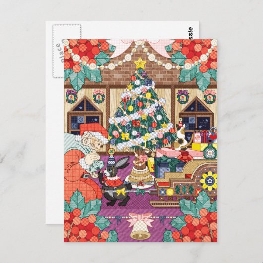 何か赤と白で毛の生えた生き物がいる...(クリスマスイラスト) ポストカード (正面/裏面)