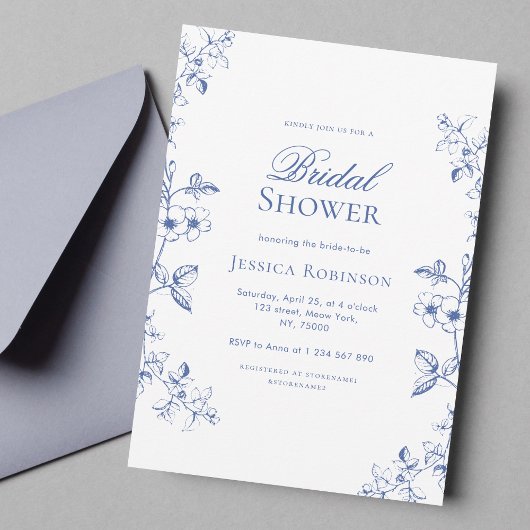 何か青いものを描いたビンテージの花のブライダルシャワー 招待状