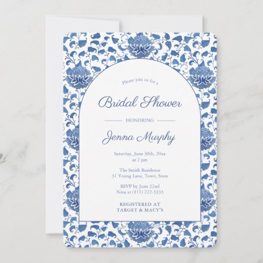 何か青いアンティークチノワセリーウェディングシャワー 招待状 (正面)