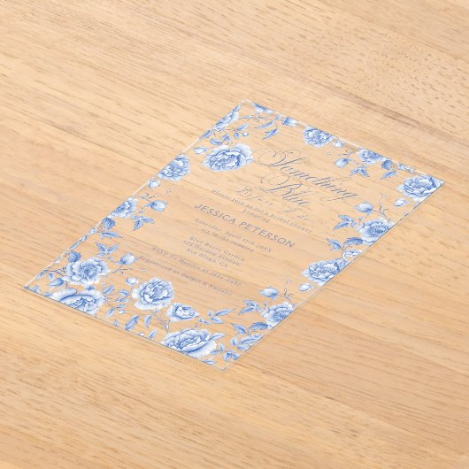 何か青いエレガントChinoiserieブライダルシャワー アクリル招待状 (レイダウン)