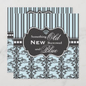 何か青いダマスク織及びストライプなブライダルシャワー 招待状 (正面/裏面)