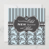何か青いダマスク織及びストライプなブライダルシャワー 招待状 (正面)