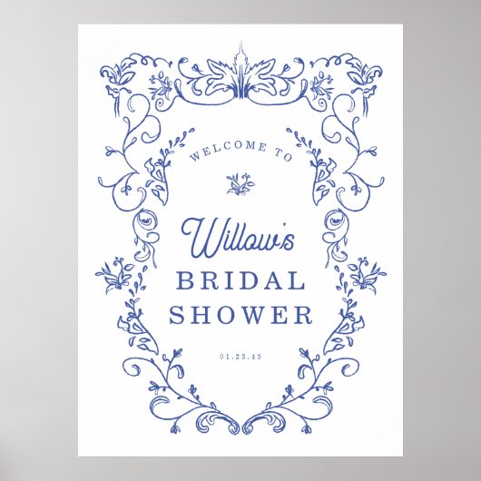 何か青いビクトリアンスタイルのウェルカム シグナル ブライダルシャワー ポスター (正面)