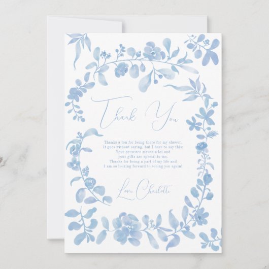 何か青いフランスのヴィンテージフローラブライダルシャワー サンキューカード (正面)