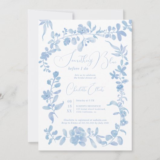 何か青いフランスのヴィンテージフローラブライダルシャワー 招待状 (正面)