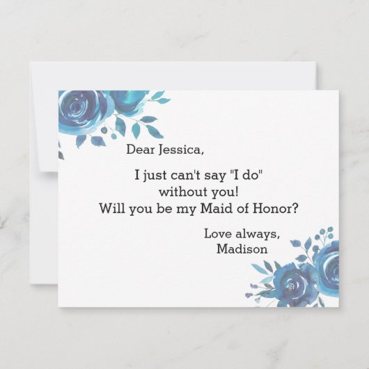 何か青いフローラが私のメイド・オブ・オーナー（花嫁付き添い人） 招待状 (裏面)