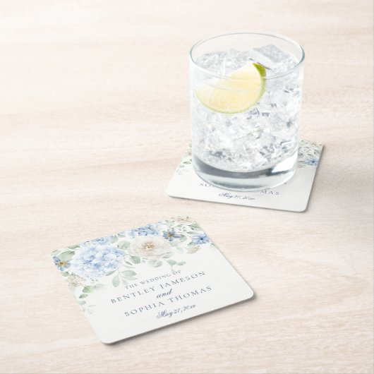何か青いフローラアジサイ結婚デコール スクエアペーパーコースター (インサイチュ)