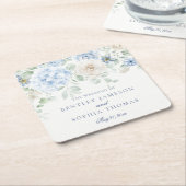 何か青いフローラアジサイ結婚デコール スクエアペーパーコースター (アングル)