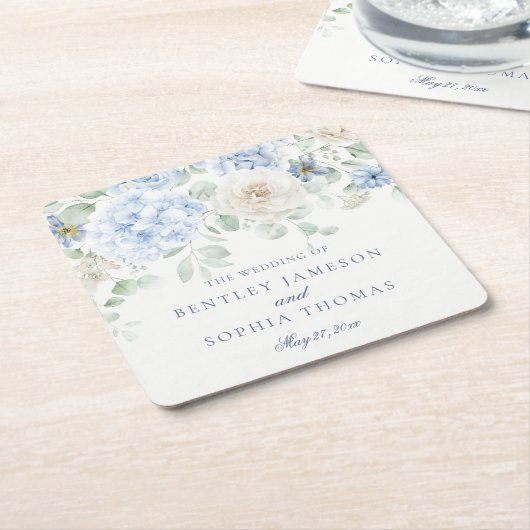 何か青いフローラアジサイ結婚デコール スクエアペーパーコースター (アングル)