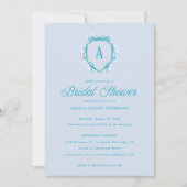 何か青いフローラクレストモノグラムブライダルシャワー 招待状 (正面)