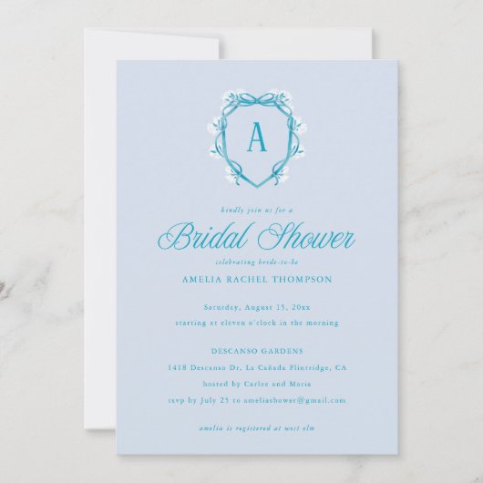何か青いフローラクレストモノグラムブライダルシャワー 招待状 (正面)