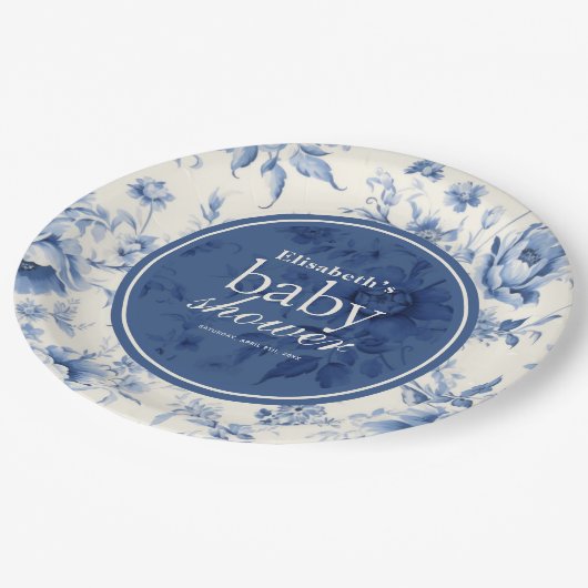 何か青いフローラフランスのトイル赤ちゃんシャワー ペーパープレート (アングル)