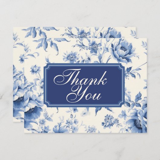 何か青いフローラフランスのChinoiserieありがとう 招待状 (正面/裏面)