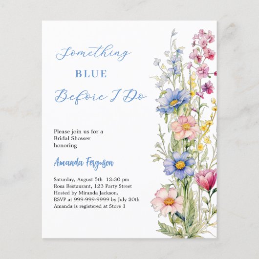 何か青いフローラブライダルシャワー招待 (正面)