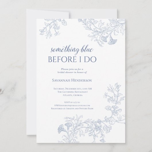 何か青いフローラブライダルシャワー招待 招待状 (正面)