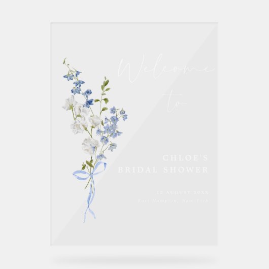 何か青いフローラルブーケボウブライダルシャワー アクリルサイン (正面)