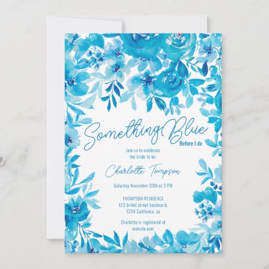 何か青いフローラ水色ブライダルシャワー 招待状 (正面)