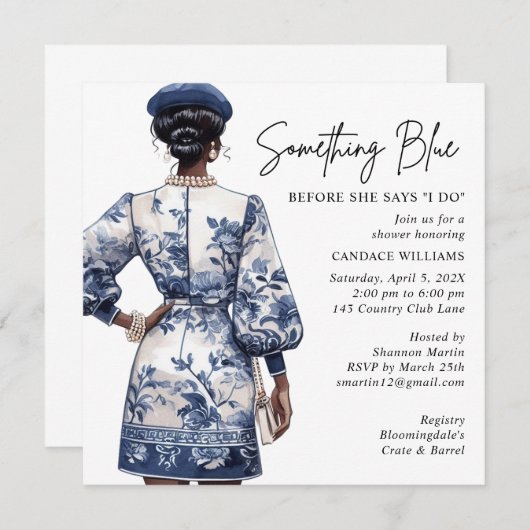 何か青いブライダルシャワーのアフリカ系アメリカ人 招待状 (正面/裏面)