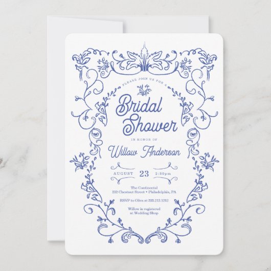 何か青いブライダルビクトリアンシャワーの招待 招待状 (正面)