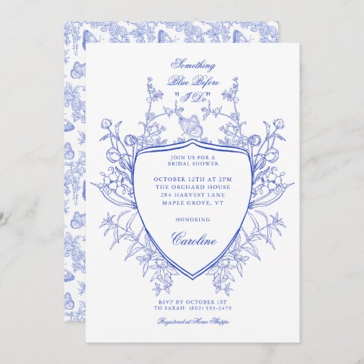 何か青い前にフローラの紋章エレガント 招待状 (正面/裏面)