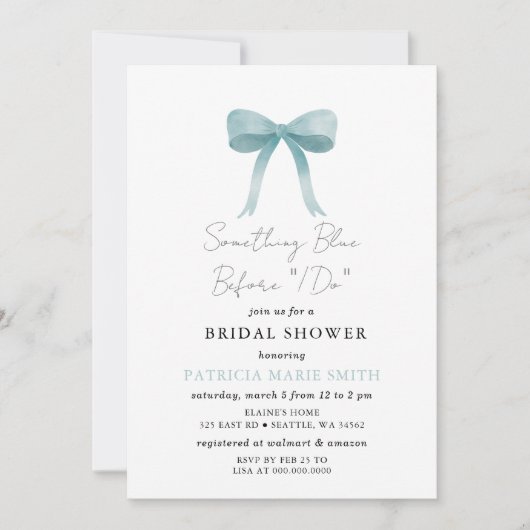 何か青い前に私はブルーボウブライダルシャワー 招待状 (正面)