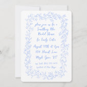 何か青い手描き植物体の枠エレガント 招待状 (正面)