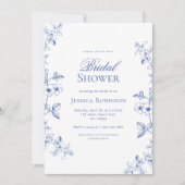 何か青い描ヴィンテージ花ブライダルシャワー 招待状 (正面)