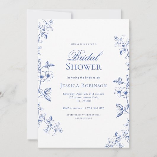 何か青い描ヴィンテージ花ブライダルシャワー 招待状 (正面)
