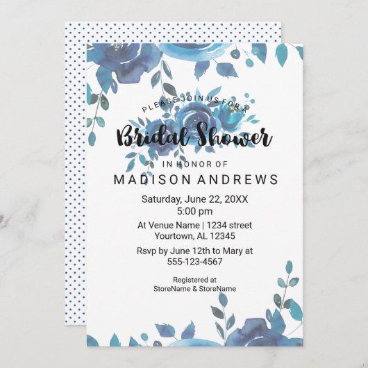 何か青い水色のブライダルシャワー招待 招待状 (正面/裏面)