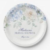 何か青い花のハイドランジアの花束を添えた ブライダルシャワー ペーパープレート (正面)