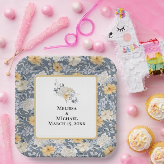 何か青い花の柄 ペーパープレート (パーティー)