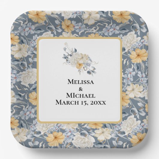 何か青い花の柄 ペーパープレート (正面)