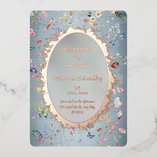 何か青い野結婚花の箔招待状 箔招待状 (正面)