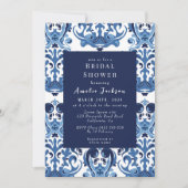 何か青い陶器の模様のブライダルシャワー 招待状 (正面)