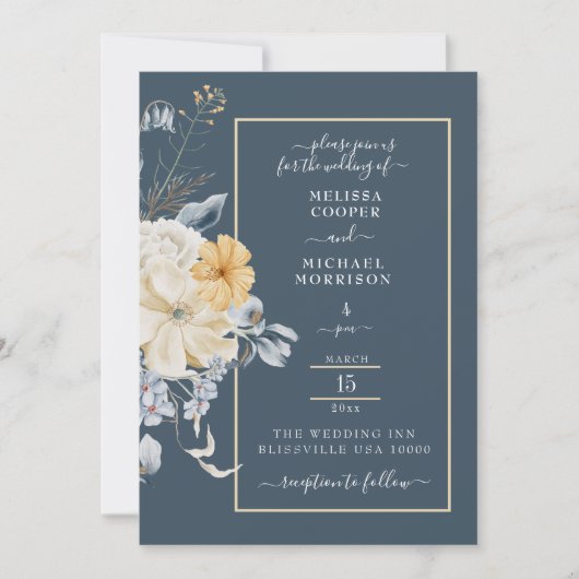 何か青い、パステルフローラ結婚の 招待状 (正面)