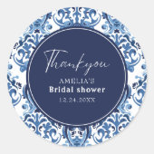 何か青いChinoiserieパターンブライダルシャワー ラウンドシール (正面)