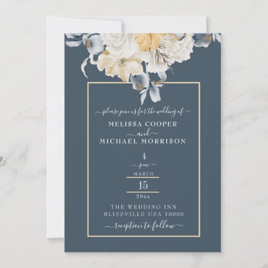 何か青く、ミュートされたフローラ結婚の 招待状 (正面)