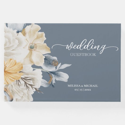 何か青 – ミュートされたフローラ結婚 ゲストブック (正面)