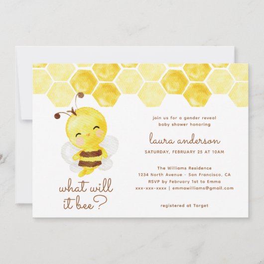 何が出る？ジェンダーが赤ちゃんのシャワーを明らかにする 招待状 (正面)