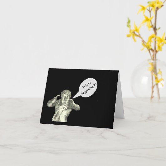 「何が起きているか?!/ちょうどチェックインする/漫画の男 カード (黄色い花)