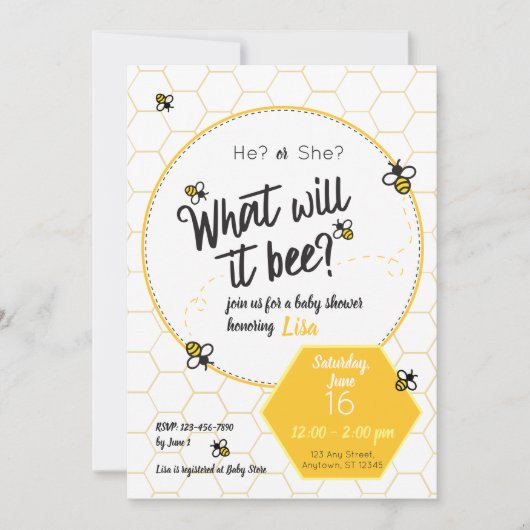 何が起こるか赤ちゃんシャワー性別の表示 招待状 (正面)