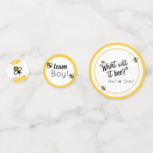 何が起こるか赤ちゃんシャワー性別リビールテーブル コンフェッティ (正面)