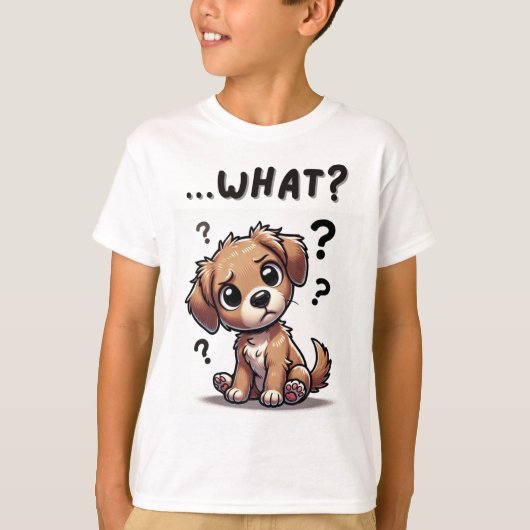 「。..何だって？」 愛らしい混乱した漫画の子犬 Tシャツ (正面)
